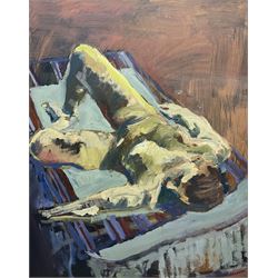 Sharman Green (British Contemporary): Reclining Female Nude Sunbathing on Lounger, oil on board signed and dated 2000, 75cm x 60cm