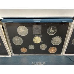 Fourteen Royal Mint United Kingdom proof coin collections dated 1983, 1984, 1985, 1986, 1987, 1988, 1989, 1991, 1992, 1995, 1996, 1997, 1999 and 2001 all cased or boxed