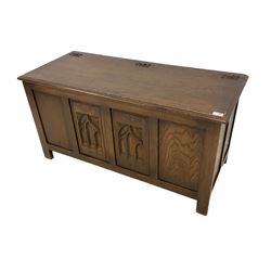 17th century design oak blanket chest, rectangular hinged top, front panels carved with foliate arches