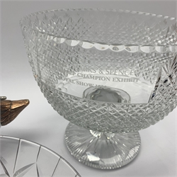 Modern glass wine decanter in the form of a duck with silver-plated mounts, cut crystal decanter with mushroom stopper, large cut crystal presentation bowl and a Stuart cut glass bowl  