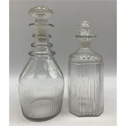 Early 19th century glass triple ring neck decanter, another decanter, Syrian copper ewer with engraved mark and a treen four division egg cruet