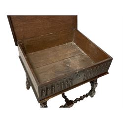 Late 17th century oak bible box, the hinged lid with front mould, the front decorated with stop fluted arcade and initialled 'RG', on later spiral turned stand on splayed form, turned and block supports
