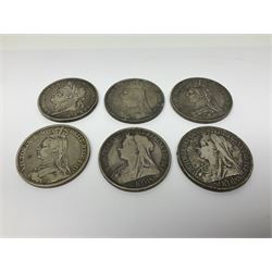 George IIII 1822 crown coin and five Queen Victoria crowns dated 1889, 1890, 1891, 1895 and 1897 (6)