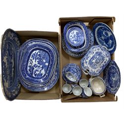 Quantity of willow pattern to include tureen and cover with lion finial, meat platters, drainer etc in three boxes