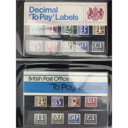 Queen Elizabeth II mint stamps in presentation packs and on album pages, many being low face value or non barcoded definitive, miniature sheets etc, housed in eight ring binder folders and an album 