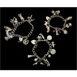Three silver charm bracelets with various charms including bicycle, Viking ship, clock etc, stamped or tested