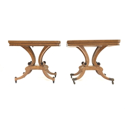 Pair of early 19th century crossbanded walnut tables for tea and cards with fold over tops, inverted scroll cluster columns and quartette splay supports W92cm