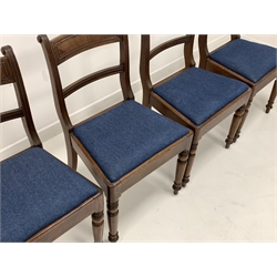 Set four early 19th century mahogany dining chairs, with shaped rails and reeded uprights, drop in upholstered seat pads, raised on ring turned front supports, together with two other 19th century chairs 