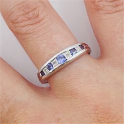 9ct white gold channel set round sapphire and diamond half eternity ring, hallmarked