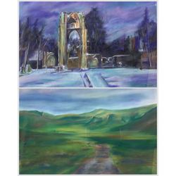 Martin J Popplewell (Northern British Contemporary): 'St Mary's Abbey York' and Dales Landscape, pair oil pastels signed, former titled verso 40cm x 58cm (2)