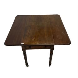 George III drop leaf table, the drop leaf top over one frieze drawer, raised on turned supports 