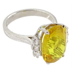 18ct white gold oval yellow sapphire and six stone round brilliant cut diamond cluster ring, hallmarked, sapphire approx 8.60 carat
