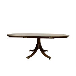 Gotts of Pickering - Late 20th century Regency design mahogany dining table, the oval top with one additional leaf raised on a turned column and four splayed supports terminating in brass hairy paw castors, by Gotts of Pickering 197cm x 137cm, H73cm
