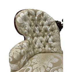 Horrix Brothers of The Hague, Holland - mid to late 19th century mahogany settee, cameo back with c-scroll and foliate carved cresting, upholstered in deeply buttoned champagne Damask type fabric with overall floral design, sprung seat, on cabriole front supports, stamped underneath 'Horrix.te 's-Gravenhage'