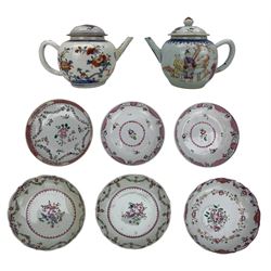 Two 18th century Chinese export teapots, each of globular form, one decorated in the Imari palette and the other decorated in underglaze blue and famille rose enamels with figures on a terrace below a spearhead border, with matched cover, together with various Chinese and English 18th century saucers 