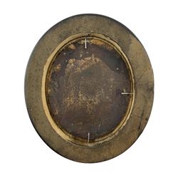 19th century oval patinated copper portrait plaque, modelled as a 17th century Scholar, within an ebonised wooden frame, 15cm x 13cm 
