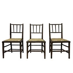 Set six early 20th century stained beech bobbin-turned chairs, upholstered in pale gold chenille fabric decorated with floral pattern