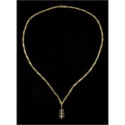 9ct gold graduating three stone round brilliant cut diamond necklace, London import mark 1976