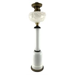 Victorian opaque glass and brass oil lamp with floral painted decoration, later converted to electricity, another opaque glass oil lamp with moulded glass reservoir and another, with gilt and alabaster style stem, H71cm max