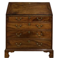 19th century mahogany bureau, the fall front opening enclosing fitted interior over four long graduated drawers, raised on bracket supports