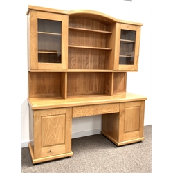  Lee Sinclair - a bespoke late 20th century solid elm dresser, arched top over two glazed doors each enclosing two adjustable shelves, one drawer to base flanked by two cupboards, Circa 1986 - with original invoice, W180cm, H205cm, D54cm  