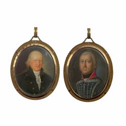 Late 18th century double sided oval miniature painted with half length portrait of an officer, possibly Prussian, the reverse with an older gentleman with a white stock and black coat, in a gilt frame 6cm x 4cm