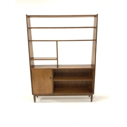 Mid 20th century teak room divider, fitted with open shelves and a cupboard, raised on turned supports, W122cm, H167cm, D29cm