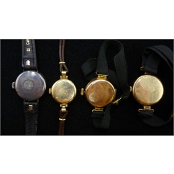 9ct gold manual wind wristwatch hallmarked, two gold-plated wristwatches and a silver ladies wristwatch hallmarked
