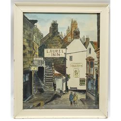 Jack Rigg (British 1927-): 'The Laurel Inn Robin Hood's Bay', watercolour and ink signed, titled and dated 1964 on label verso 46cm x 37cm