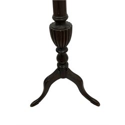 Late 19th century mahogany jardiniere tripod stand, dish top with carved beading on the moulded edge, raised on fluted and turned column with cabriole supports