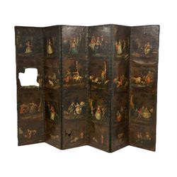 Late 18th century Dutch painted leather six panel screen, each panel depicting four 'Fête Galante' scenes inspired by Watteau, each fold outlined with studded leather borders, the panels variously depicting groups of decorously revelling figures including harlequins, such as Pulchinella, dancing with fair maidens amongst neo-classical garden landscapes, amongst these are pastoral scenes with milkmaids and cattle, the reverse is painted with panels of flowers and foliage, each panel 243cm x 55cm
Provenance: property of a gentleman