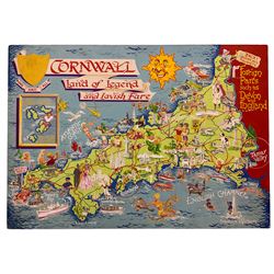 Nine comical poster designs, comprising 'Cornwall - Land of Legend and Lavish Farce', 'Cornwall - Land of Buried Treasure and Romantic Legend', 'Land's End and West Cornwall', 'Around Newquay Cornwall', 'South Devon and Dartmoor', 'Scotland', 'The Midland Counties of Nottinghamshire Leicestershire and Rutland', 'Isle of Man' and 'North Wales', gouache over pencil, all apart from 'Land of Legend' with acetate overlays illustrated with ink outlines, max 40cm x 57cm (9)