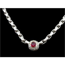 18ct white gold round ruby and diamond cluster necklace, hallmarked