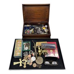 Various collectables including a British Ropes Limited gauge, J. Hudson & Co. British Military issued whistle, cased pair of pince nez, coins, Royal Marines Corps Cap Badge, medallions, carved wooden box etc