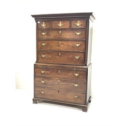 George III mahogany chest on chest, the upper section with dentil cornice and canted corners fitted with three long and three short drawers, three long drawers and brushing slide under on bracket feet W114cm