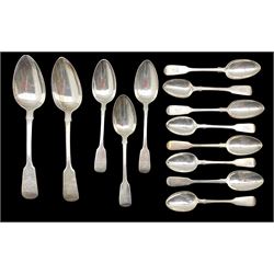 Pair of William IV silver fiddle pattern table spoons London 1830, three dessert spoons London 1828, five Victorian silver tea spoons London 1848/50 and three other tea spoons 16oz