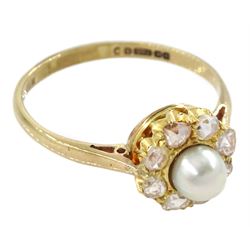 9ct gold pearl and rose cut diamond cluster ring, Birmingham 1970