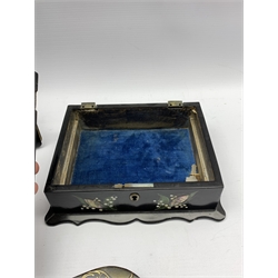 Victorian papier mache jewellery box the hinged cover with painted and mother-of-pearl decoration, similar pen tray and desk blotter H31cm 