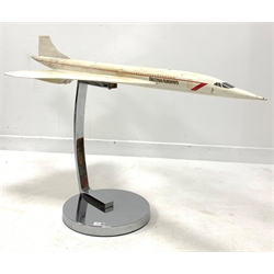 Large  model of the British Airways Concord aeroplane, mounted on a circular chrome stand, L120cm 