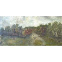  English Primitive School (19th century): Rural Village Life, oil on canvas unsigned 29cm x 59cm  