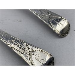 Pair George III silver dessert spoons with engraved stems and initialled 'G' marks rubbed but possibly by Stephen Adams 3.5oz