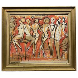 French School (Early to Mid-20th century): Fashionable Bar Scene with Nude Figures, mixed media unsigned 44cm x 53cm