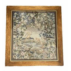 1940's wool tapestry worked with Herons beside a lake and a wooded landscape signed and dated Blanche Day, 1941, within a gilt slip and oak frame, 74cm x 82cm overall 