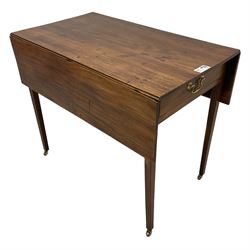 George III mahogany Pembroke table, rectangular drop-leaf top, fitted with two drawers, on square tapering supports with brass castors
