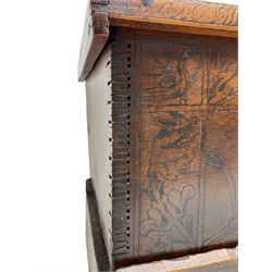 16th/17th century  Portuguese cedarwood Cassone, boarded six plank construction with visible finger joints, decorated with mythical zoomorphic beasts and trailing foliage, on plinth base with open fretwork apron