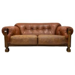 Mid-20th century oak frame two-seat settee, with burnt orange leather buttoned seat and back