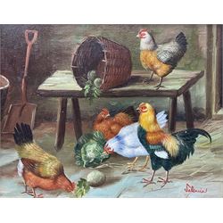 Salemica (British 20th century): Chickens in Farmstead Kitchen, oil on canvas signed 19cm x 24cm 
