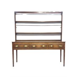 George III oak dresser, three height plate rack over rectangular top, three mahogany banded drawers, raised on square tapered supports W185cm, H199cm, D46cm