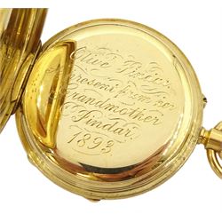 Victorian 18ct gold ladies open face keyless lever presentation pocket watch, gilt dial with Roman numerals, case makers mark W.S, Chester 1892