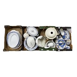 Four boxes of Victorian and later ceramics to include meat plates, tureens, teapots, blue banded egg cups etc 